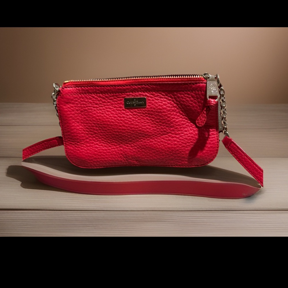 Cole Haan Red Pebbled Leather Crossbody Bag (8”x 5”) zip top closure